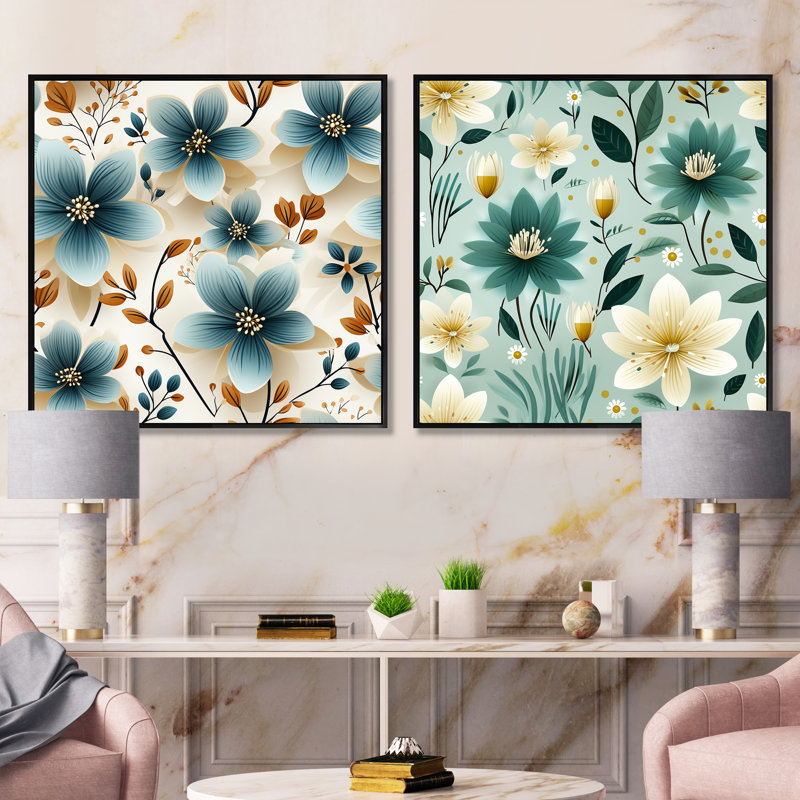 Brooklet - Ensemble de 2 collages carrés floraux, Cadre flottant noir, H 16 po x l 33 po