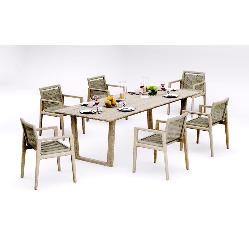 7 Pcs Grade-A Weathered Teak Wood Dining Set: 98" Sema Rectangle Table  And 6 Sema Arm Chairs #11Se3306, 6