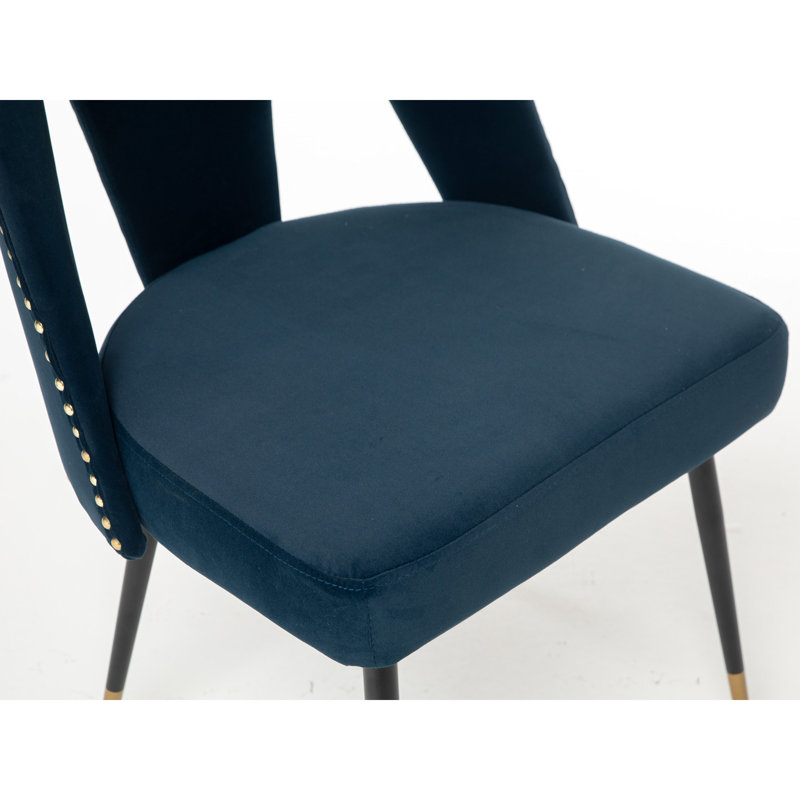 Modern Dining Chair With Velvet Upholstery In Blue And Metal Legs Details, 2Pcs Collection Upholstered Nailheads, Blue, Of 2