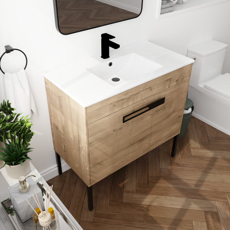 36'' Dual Mounted Bathroom Vanity Set, Single Bathroom Vanity with Ceramic Basin Sink Top, 2 Doors and 1 Adjustable Shelf