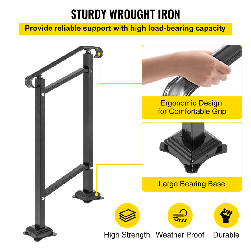 Adjustable Black Wrought Iron Handrail for 1-2 Steps