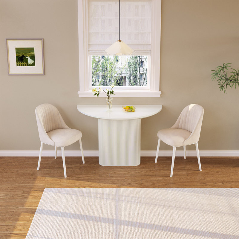 Semi-Circle Dining Table Set with 2 Chairs, Cream White, Small Kitchen