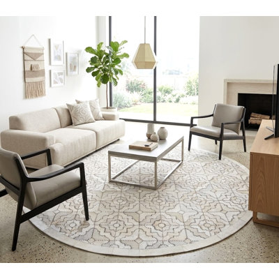 Abani Rugs Hide HID600A Ivory White Medallion Damask Stitched Soriano Round Area Rug
