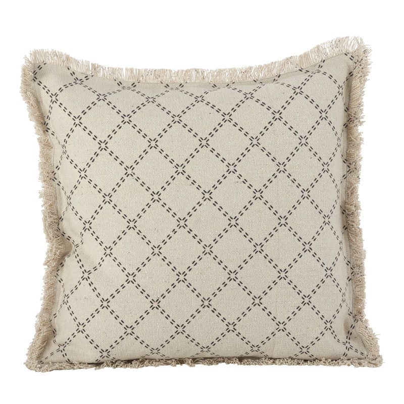 Diamante Design Fringed Cotton Throw Pillow, Natural