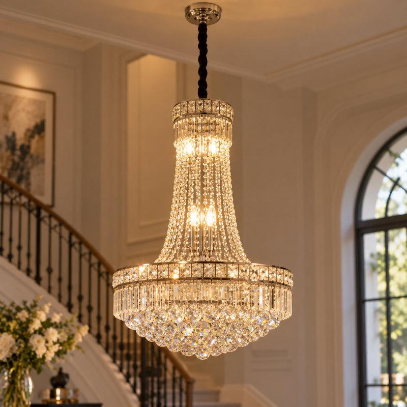 Lustre Empire argenté à six niveaux en cristal de 61 cm (24 pouces) avec perles en cascade pour une ambiance majestueuse dans le salon, la salle à manger et le hall d'entrée