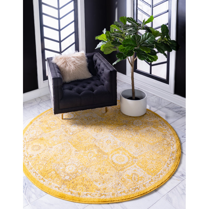 Tapis jaune à motif abstrait Kalf, Rond 6 pi 1 po