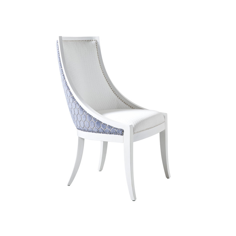 Chamberlain Upholstered Back Side Chair, Nickel, Whitecliff, White/Blue Cotton Blend
