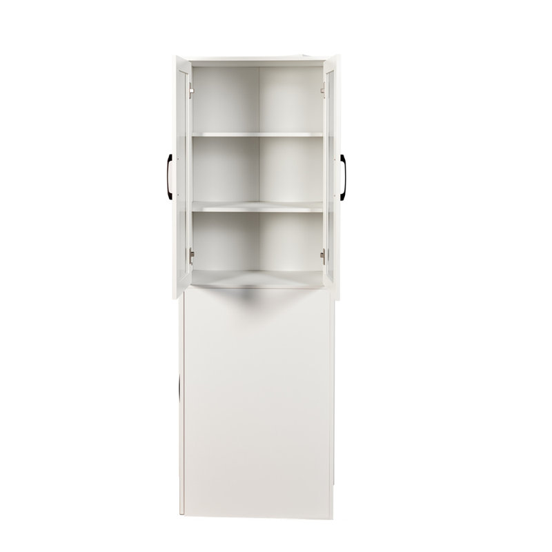 Modern Wooden Tall Bookshelf with 4 Tier Multi-Functional Pull-Out Shelves and 2 Glass Doors for Organized Storage in Living Rooms and Home Offices