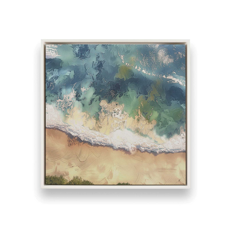 Reproduction aérienne de rivage sur toile par Azure Artisanal Studio, Cadre flottant blanc opaque