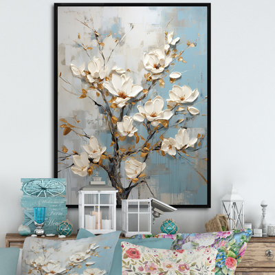 Fleurs de magnolias bleues et blanches sur toile