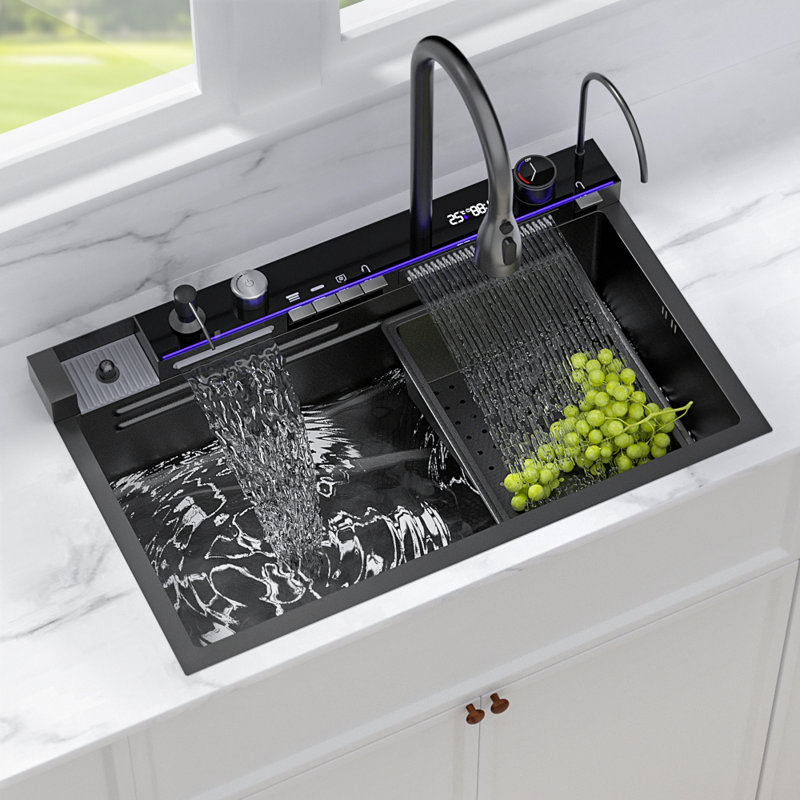33 X 22 Inch Large Stainless Steel Kitchen Sink – 304 Grade, Nano Coating, Waterfall Edge, Modern Embossed Design, Pressurized Cup Washer (Black)