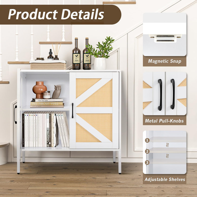 Buffet Sideboard with Handmade Natural Rattan Doors, White