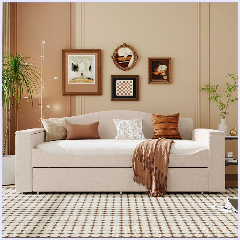 Lit de jour moderne rembourré avec accoudoirs de rangement et couchette, Beige, Simple