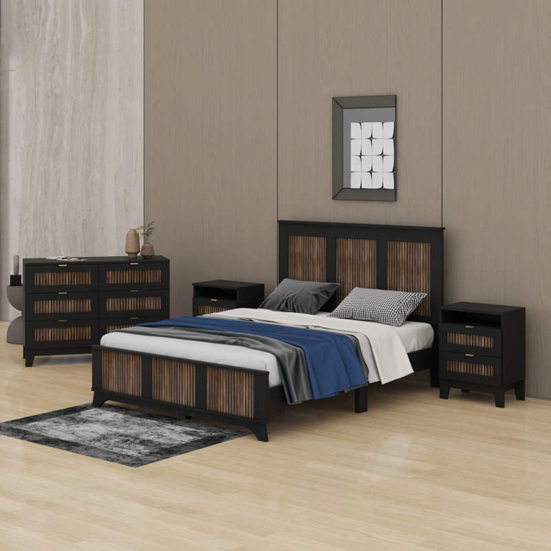 4-Pieces Bedroom Sets Queen Size Farmhouse Platform Bed With Wooden Strip Decoration, Black