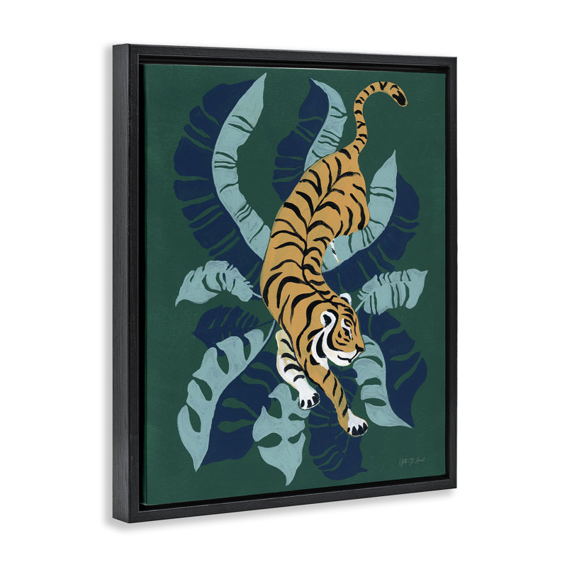 Tigre rôdant sur des palmiers, art mural sur toile flottante par Yvette St. Amant, Cadre flottant noir de jais