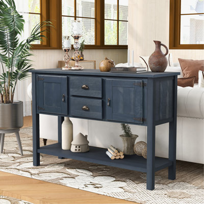 Console de 46 po en bois massif avec 2 tiroirs, armoires et tablette inférieure, armoire de rangement de style rétro pour salle à manger (bleu marine)