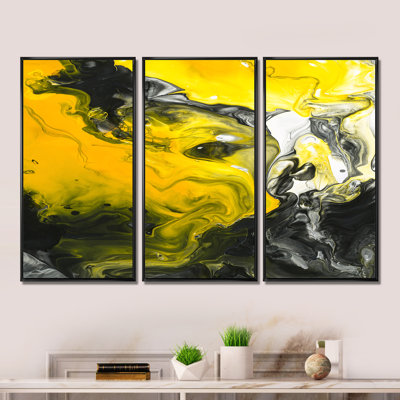 Jaune jaune noir et blanc liquide Art III - 3 pièces, peinture sur toile