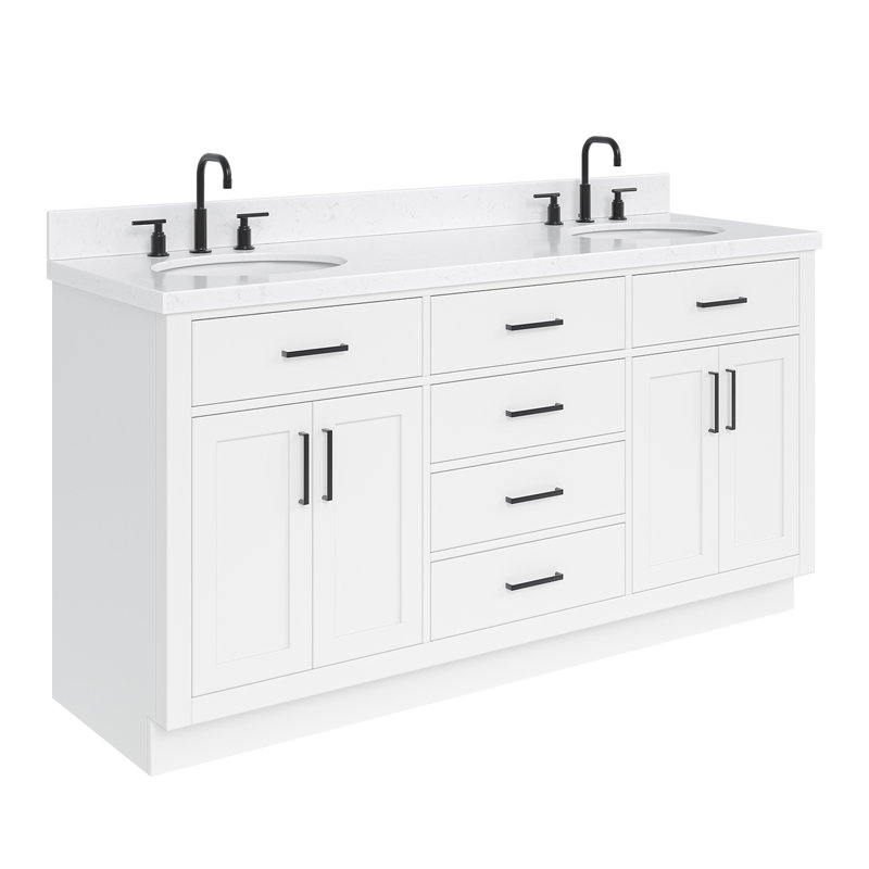 Meuble-lavabo double en bois massif 66 po avec plateau en quartz Carrara de 1,5 po Thornaby, Ovale, Blanc / noir mat