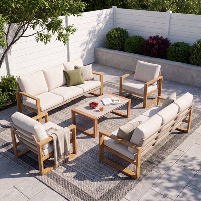 Arunas 8 Person Aluminum Outdoor Conversation Set With Wood-grain Finish & Weather-resistant Cushion