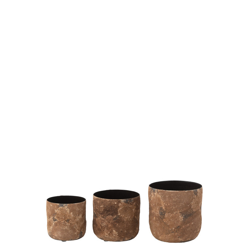 Set Of 3 Planters Rough Metal Grey, Brown