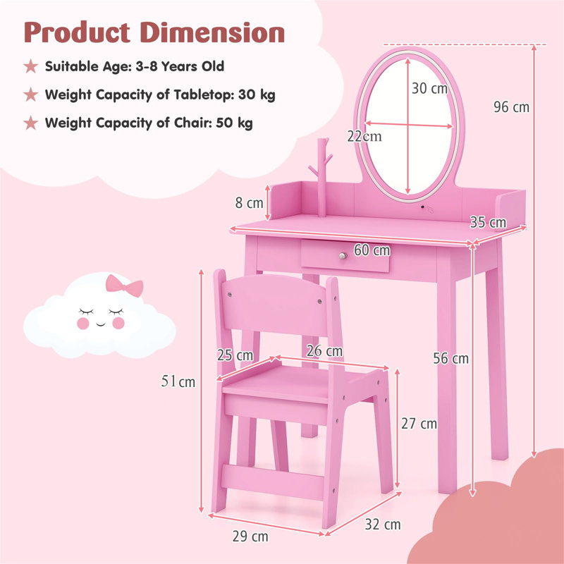 Dressing Table with Mirror, Pink