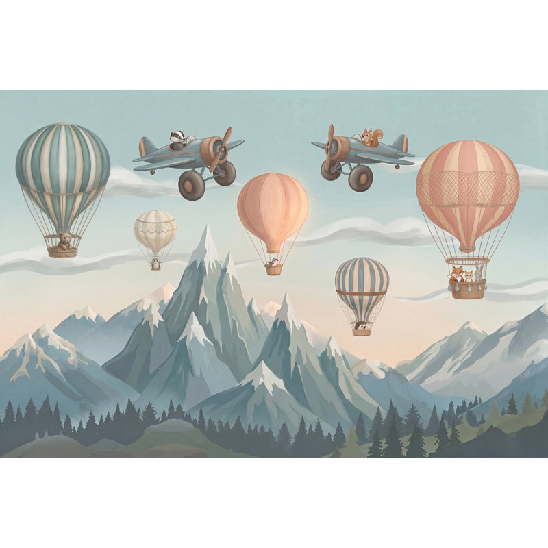 Papier peint paysage de montagne, montgolfières, avion rétro, 140 po x 108 po, Texturé non collé