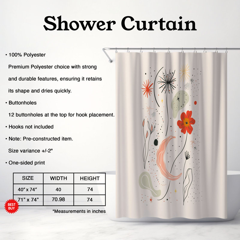Rideau de douche 1 pièce Delicate Lines, H 74 po x l 71 po