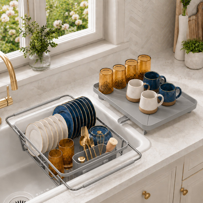 Extendable Dish Drying Rack Over Sink with Dish Drainer, Sink Organization and Storage Essentials with Silverware & Utensil Holder, Home and Apartment Decor, 12" W x 16.1~23" L, Silver