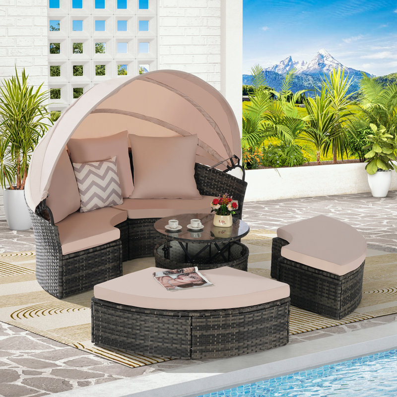 Outdoor Patio Round Daybed with Retractable Canopy and Storable Table, Beige