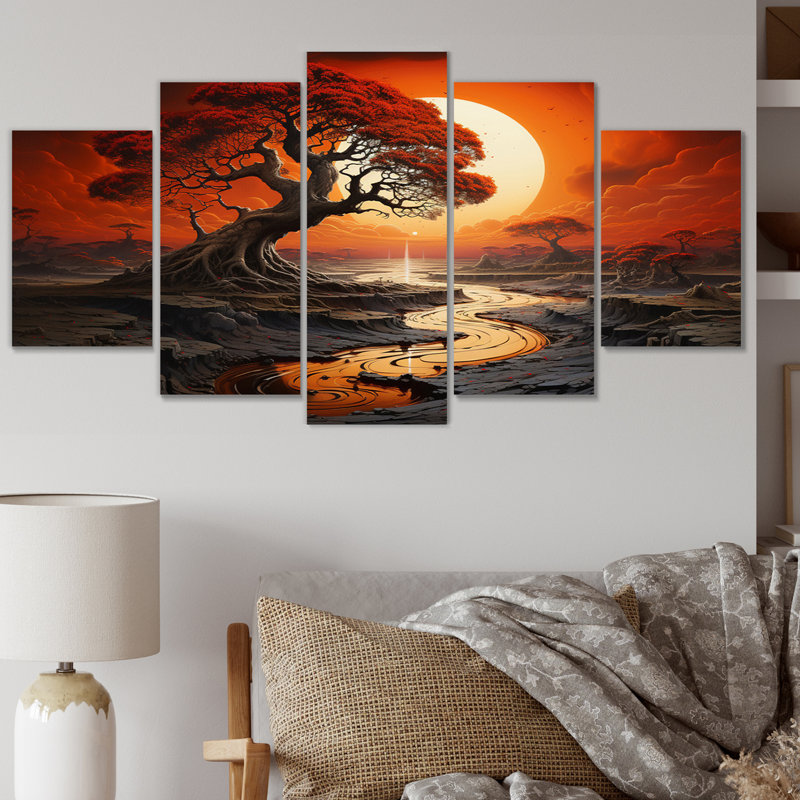 Orangé orange, silhouette, paysage, art mural, salon, 5 panneaux