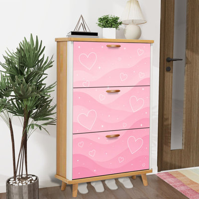 Shoe Storage Cabinet with 3 Flip Drawers for Pink Heart Wavy Sparkles Pastel Design Shoe Rack Storage Organizer