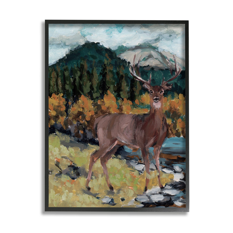 Cerf, rivière, paysage - peinture, Giclée encadrée noir minuit, H 14 po x l 11 po x P 1,5 po