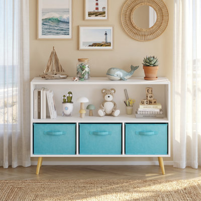 CPC Certified Blue Kids Book Storage Organizer with Collapsible Fabric Drawers, Multi-Functional Toy & Book Display Cabinet for Child Bedroom Nursery