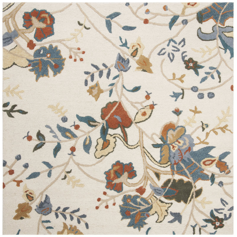 Skelmersdale Hand Tufted Wool/Cotton/Latex Floral Rug in Blue, Square 6'