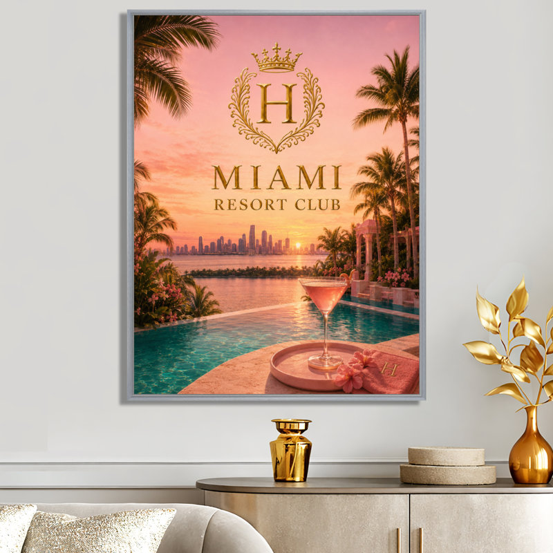 Miami Resort Club Sunset - Décoration murale glamour sur toile, H 32 po x l 24 po, Silver Floater Framed