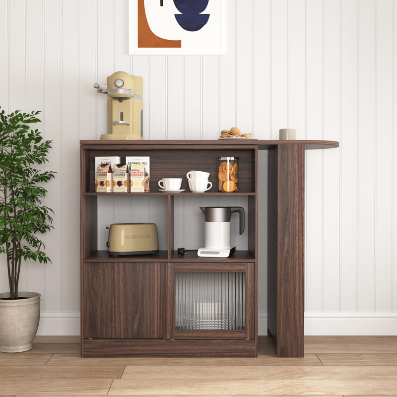 Bar noyer avec 6 compartiments de rangement et tablette rotative pour le salon
