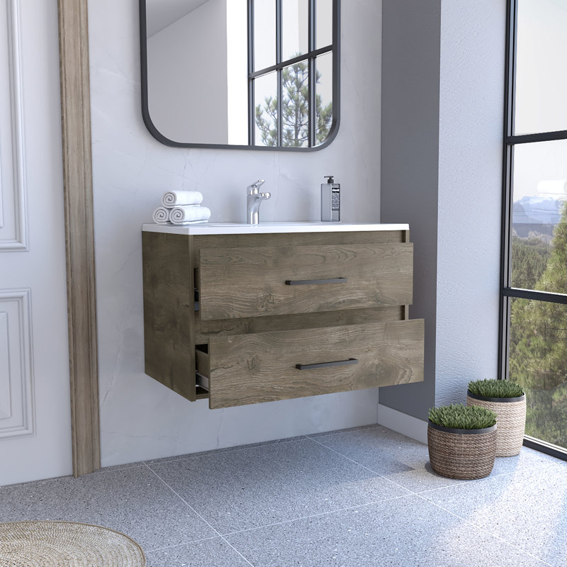 Évier de salle de bain flottant brun foncé / blanc avec 2 tiroirs - Élément de salle de bain élégant