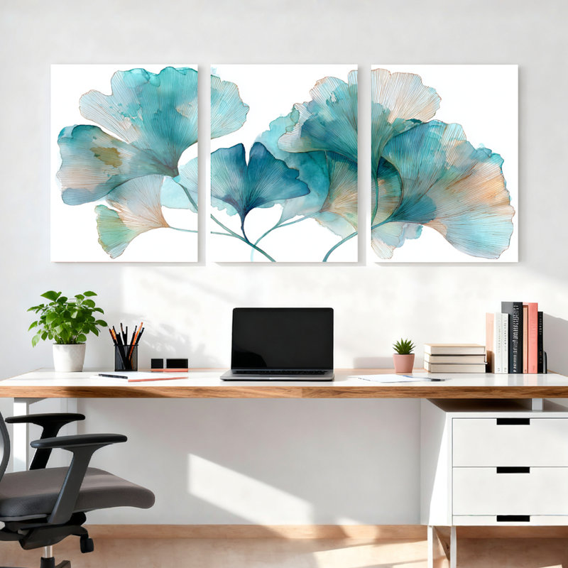 Ensemble de 3 tableaux muraux aquarelle sur toile tendue, motif feuilles de ginkgo bleu, H 18 po x l 36 po