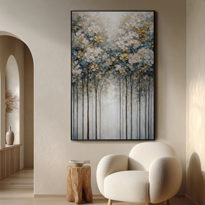 Très grand art mural imprimé sur toile - Élégante scène botanique avec de grands arbres et un auvent floral doré blanc Composition décorative douce pour la nature du salon ou de la chambre à coucher - «Assemblage requis du cadre (cadre non fini)»