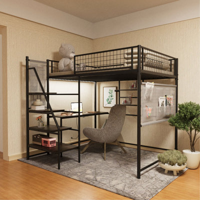 Full Size Loft Metal Bed With Black For Bedroom And Dormitory, With Built-In Charging Station And LED Lighting