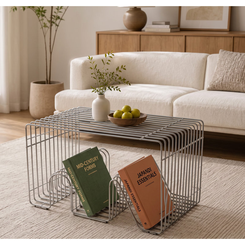 Table d'appoint moderne en métal avec porte-revues et cube de rangement en fil métallique, table d'appoint argentée en forme de NM pour salon, chambre et bureau