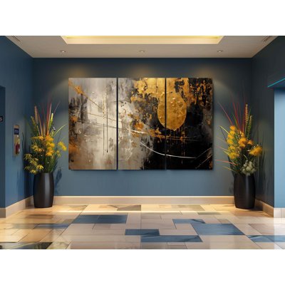 Triptych Canvas Wall Art – Luxury Gold and Black Abstract Triptych Canvas Wall Art - Modern Textured Painting - Large Elegant Home Decor, Painting Reproduction