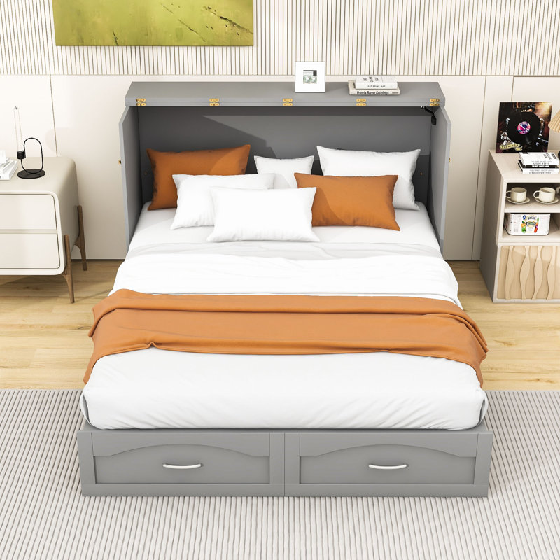 2 Drawers Murphy Wall Bed with Power Outlets, Pulley Design and USB Ports, Queen, Gray