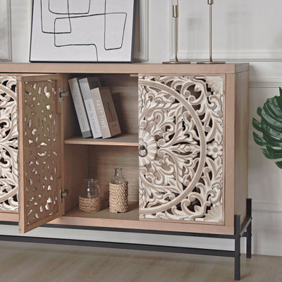 Vintage Metal Wood 4-Door Carved Cabinet - Elegant Storage Sideboard With Base