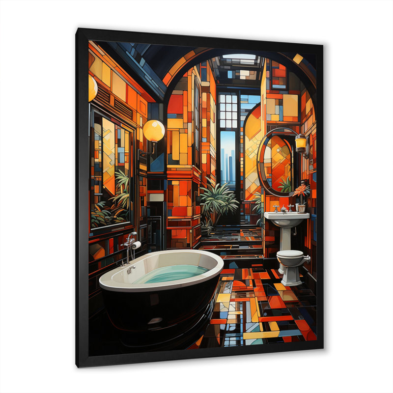 Lilamae Bathroom Art Deco Glam - Impression sur toile encadrée pour salle de bain, Cadre simple noir