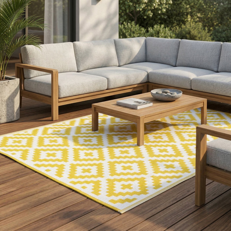 Izna Outdoor Rug Recycled Plastic Straw Waterproof Patio, Rectangle 6' x 9',  Aztec - Yellow/White