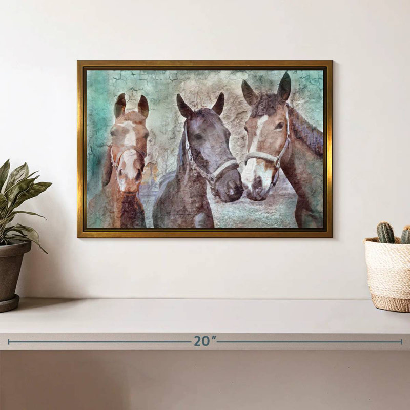 Trois chevaux voisins, Cadre flottant doré, 13 po x 9 po