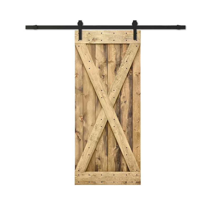 Porte de grange à panneaux et en bois avec quincaillerie d'installation, 26 po x 84 po, Chêne vieilli, Noir mat