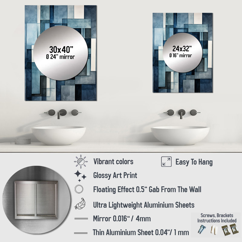 Indigo Illusion Abstract Shapes II - Abstract Shapes Mirror, Modern Unique Wall Mirror, Printed Metal Art, 32" x 24"