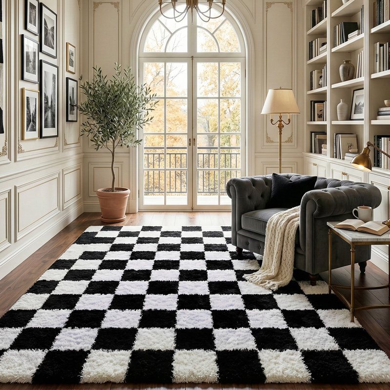 Plush Checkered Shag Area Rug - Soft Fluffy Black White Grid Fleece Carpet for Living Room, Bedroom, Dry-Clean Only, High-Pile Shaggy Rug with Modern Checkerboard Pattern, Cozy Non-Slip Floor Decor for Contemporary Home Spaces